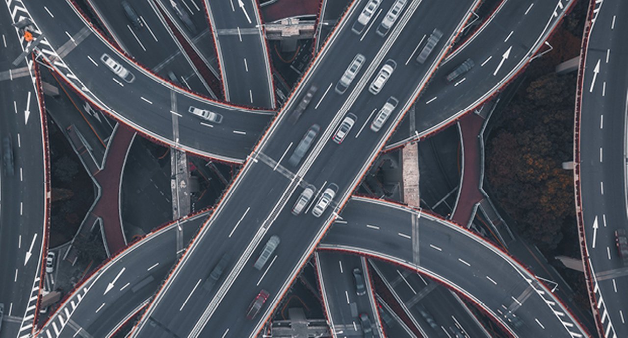 Birds-eye view of freeway overpasses