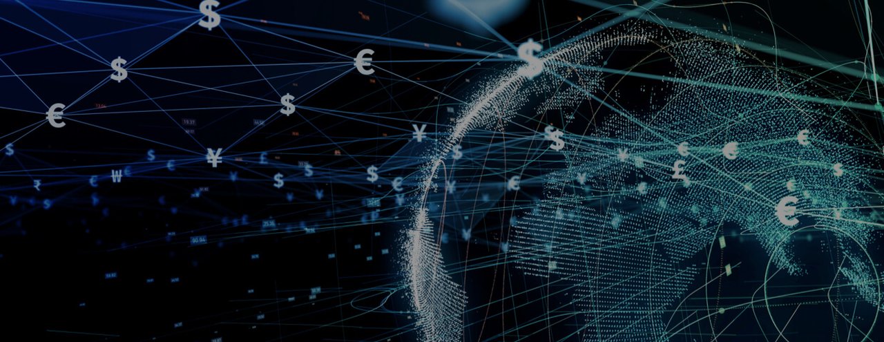 Digital globe surrounded by currency signs in a web of triangles